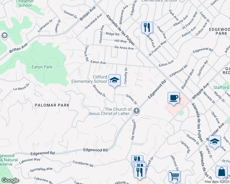 map of restaurants, bars, coffee shops, grocery stores, and more near 225 Clifford Avenue in Redwood City