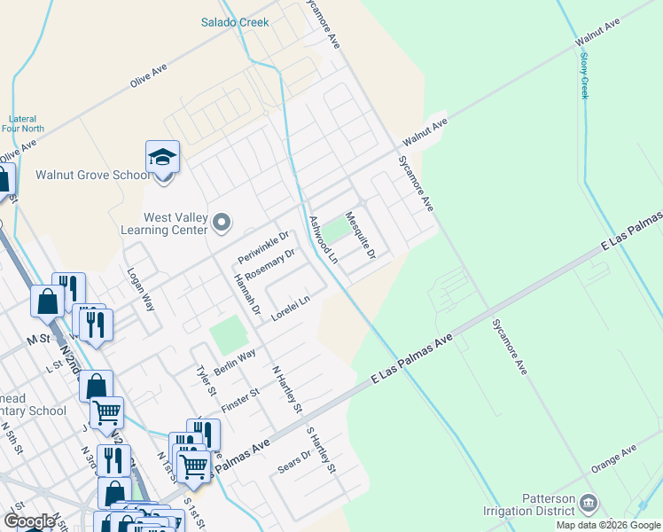 map of restaurants, bars, coffee shops, grocery stores, and more near 537 Ashwood Lane in Patterson