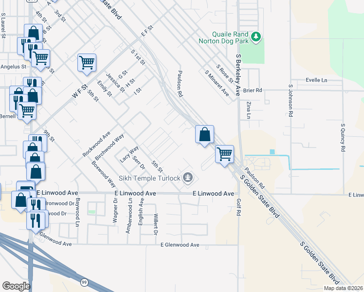 map of restaurants, bars, coffee shops, grocery stores, and more near 1240 South 1st Street in Turlock