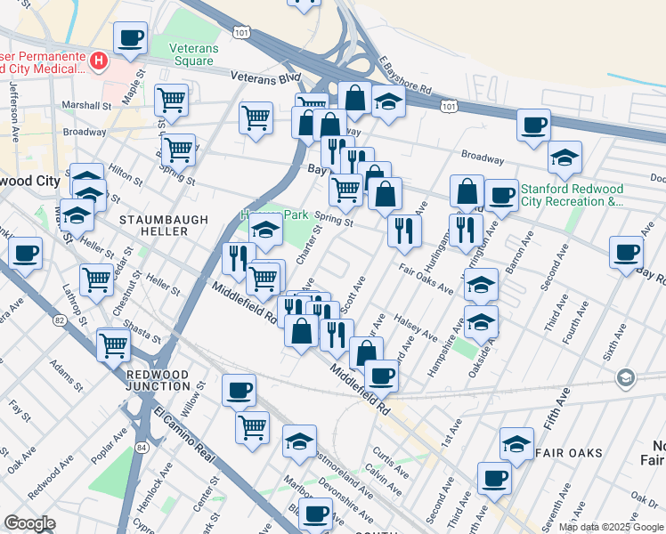 map of restaurants, bars, coffee shops, grocery stores, and more near 36 Greenwood Lane in Redwood City