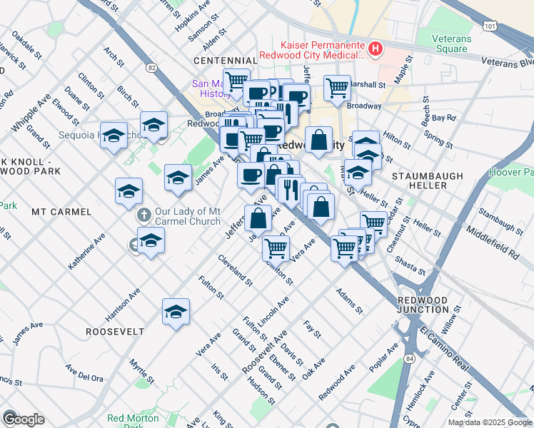 map of restaurants, bars, coffee shops, grocery stores, and more near 130 Jackson Avenue in Redwood City