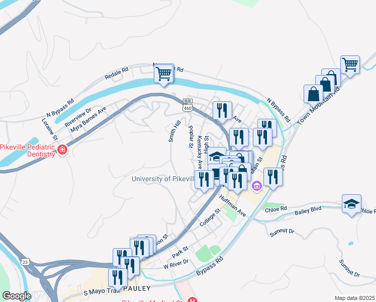 map of restaurants, bars, coffee shops, grocery stores, and more near 186 Poplar Street in Pikeville
