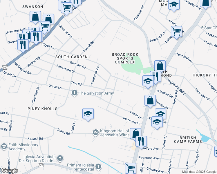 map of restaurants, bars, coffee shops, grocery stores, and more near 2415 Tignor Road in Richmond