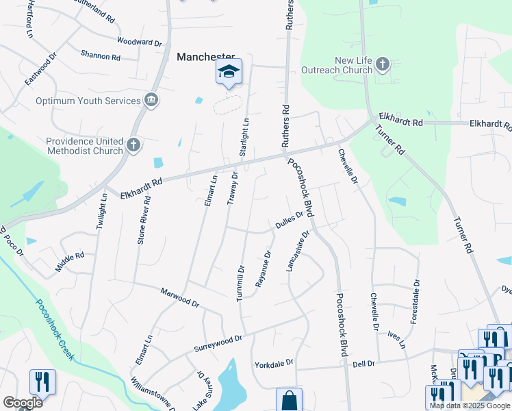 map of restaurants, bars, coffee shops, grocery stores, and more near 1401 Turnmill Drive in Richmond