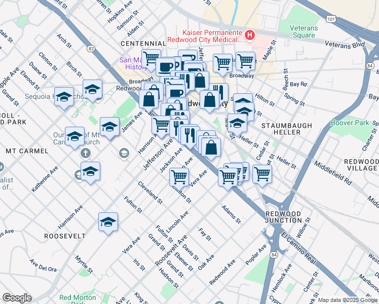map of restaurants, bars, coffee shops, grocery stores, and more near in Redwood City