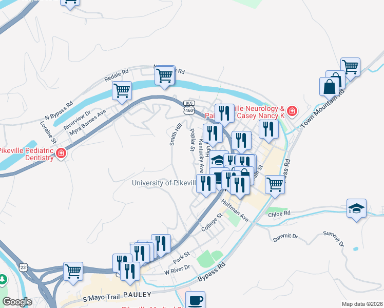 map of restaurants, bars, coffee shops, grocery stores, and more near 186 Poplar Street in Pikeville