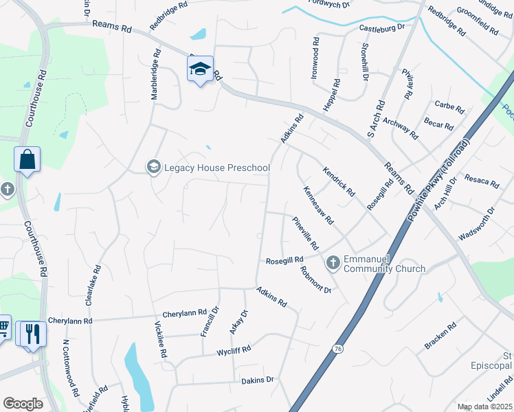 map of restaurants, bars, coffee shops, grocery stores, and more near 730 Adkins Road in Chesterfield County