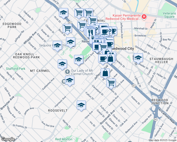 map of restaurants, bars, coffee shops, grocery stores, and more near 464 Clinton Street in Redwood City