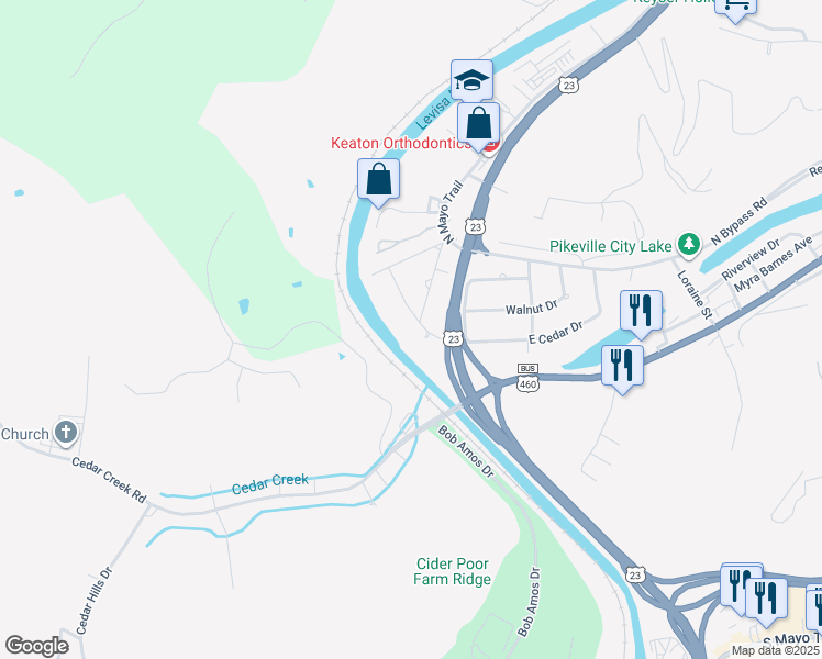 map of restaurants, bars, coffee shops, grocery stores, and more near 101-157 W Cedar Dr in Pikeville
