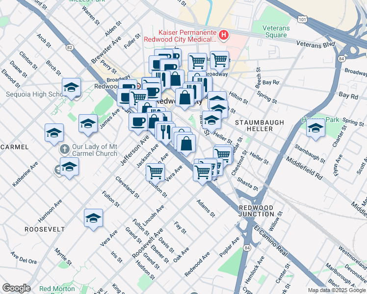 map of restaurants, bars, coffee shops, grocery stores, and more near 113 Monroe Street in Redwood City