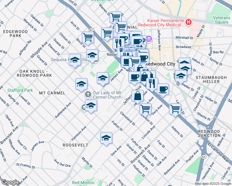 map of restaurants, bars, coffee shops, grocery stores, and more near 464 Clinton Street in Redwood City