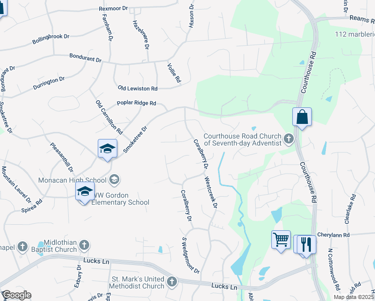 map of restaurants, bars, coffee shops, grocery stores, and more near 11312 McCauliff Court in Richmond