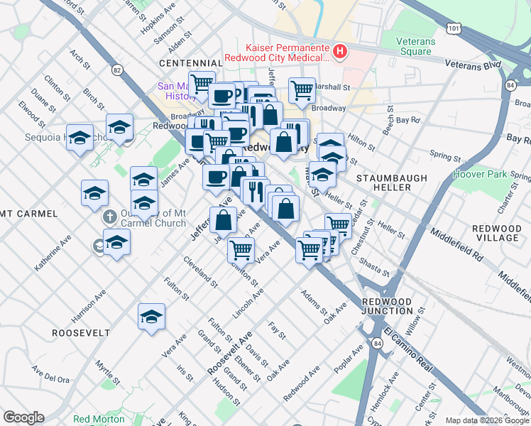 map of restaurants, bars, coffee shops, grocery stores, and more near in Redwood City