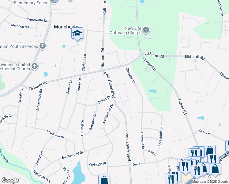 map of restaurants, bars, coffee shops, grocery stores, and more near 1501 Pocoshock Boulevard in Richmond