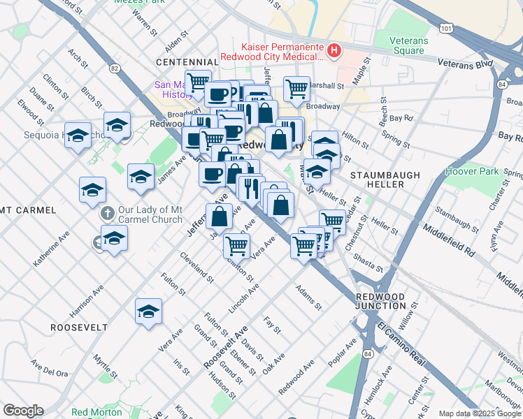 map of restaurants, bars, coffee shops, grocery stores, and more near 1405 El Camino Real in Redwood City