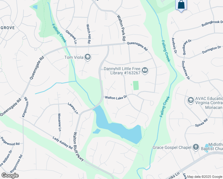map of restaurants, bars, coffee shops, grocery stores, and more near 12807 French Creek Trail in Midlothian