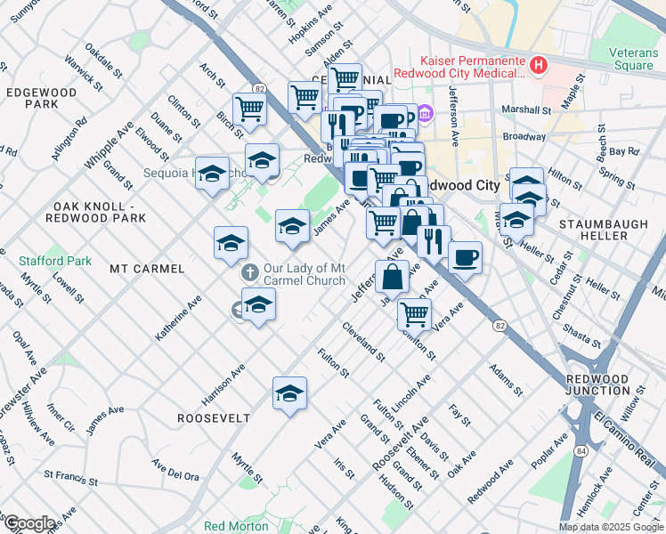 map of restaurants, bars, coffee shops, grocery stores, and more near 464 Clinton Street in Redwood City