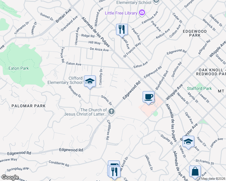 map of restaurants, bars, coffee shops, grocery stores, and more near 21 Lamshin Lane in San Carlos