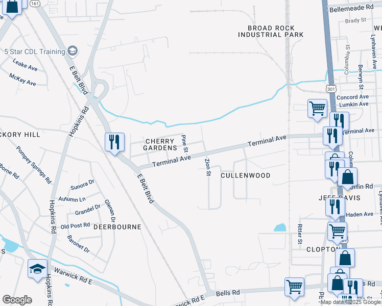 map of restaurants, bars, coffee shops, grocery stores, and more near 3121 Irvington Street in Richmond