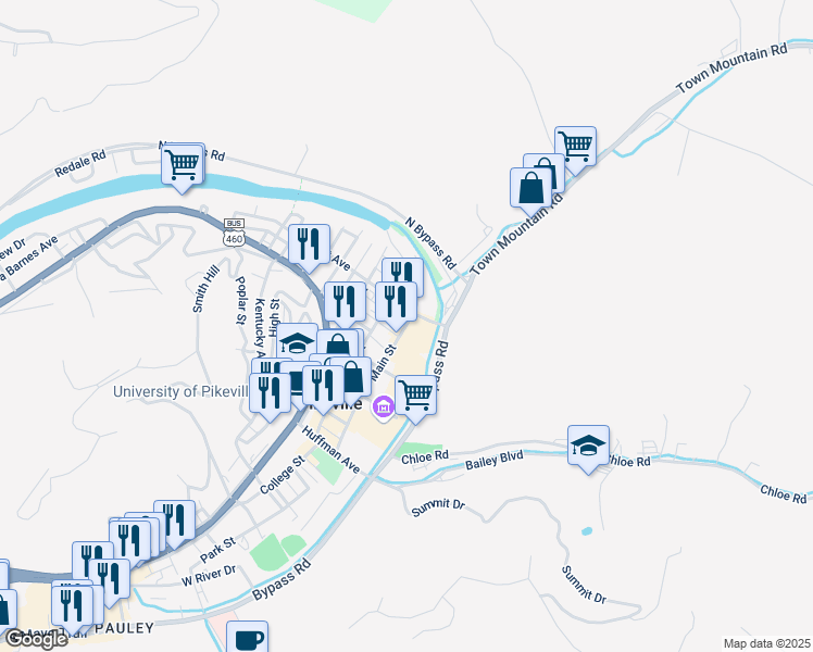 map of restaurants, bars, coffee shops, grocery stores, and more near 210 Main Street in Pikeville