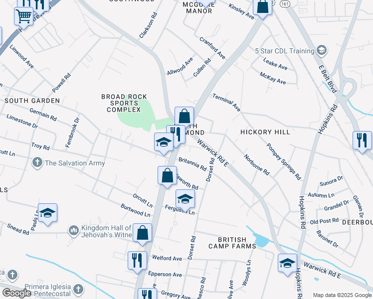 map of restaurants, bars, coffee shops, grocery stores, and more near 4617 Old Warwick Road in Richmond