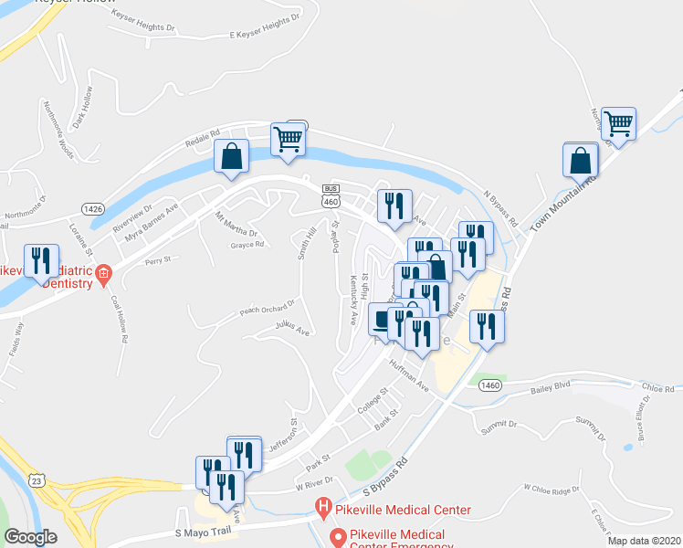 map of restaurants, bars, coffee shops, grocery stores, and more near 186 Poplar Street in Pikeville
