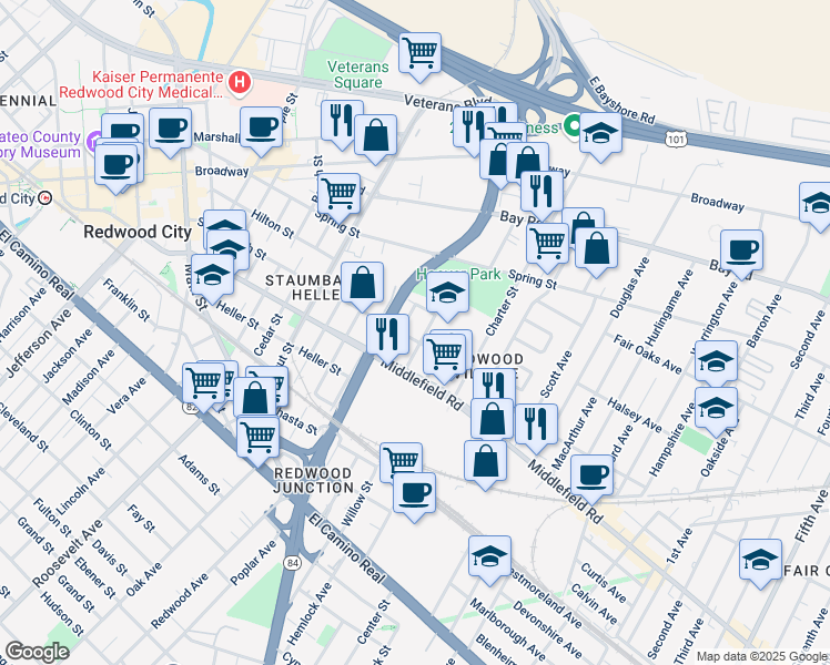 map of restaurants, bars, coffee shops, grocery stores, and more near 635 Laurel Street in Redwood City