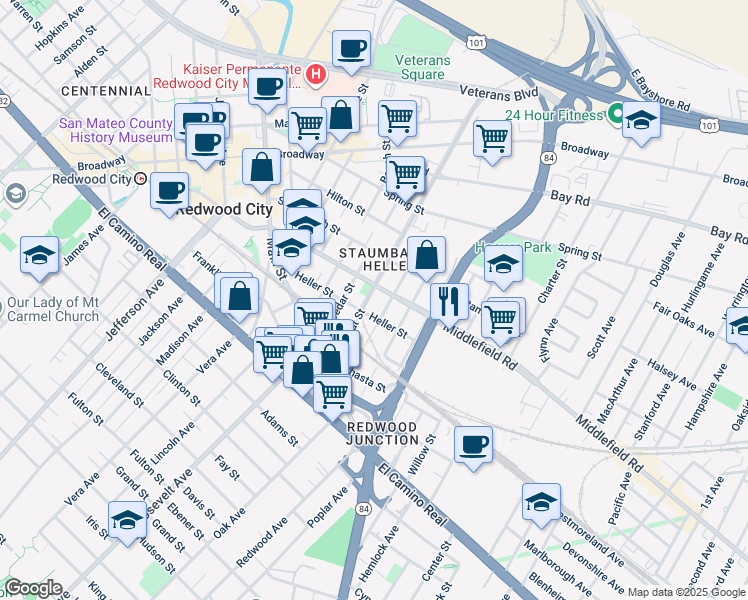 map of restaurants, bars, coffee shops, grocery stores, and more near 1700 Middlefield Road in Redwood City