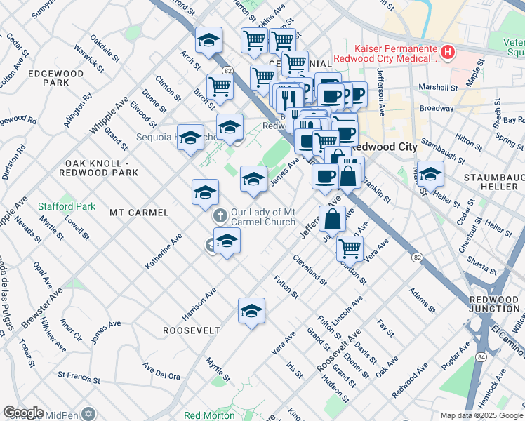 map of restaurants, bars, coffee shops, grocery stores, and more near 429 Duane Street in Redwood City