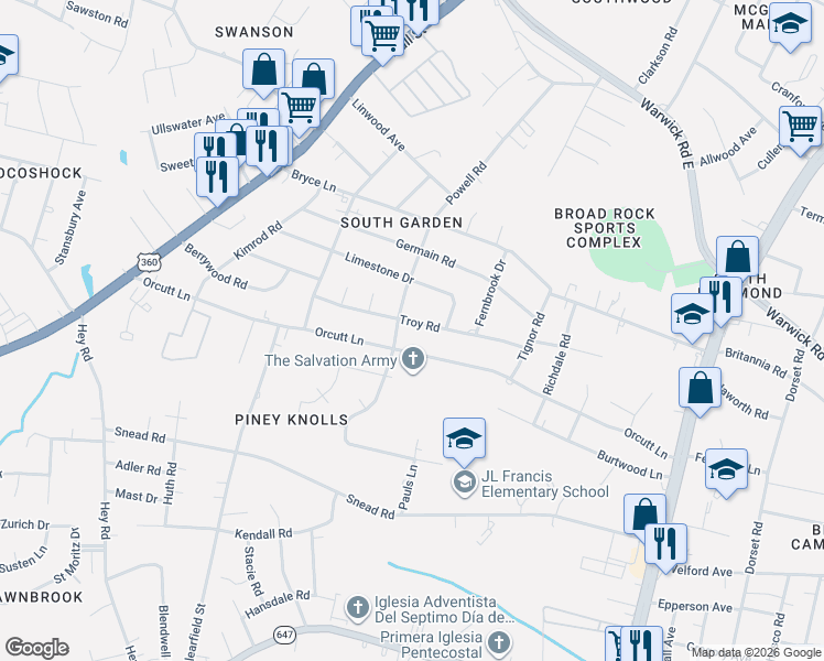 map of restaurants, bars, coffee shops, grocery stores, and more near 2119 Powell Road in Richmond