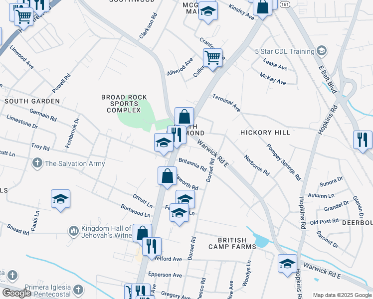 map of restaurants, bars, coffee shops, grocery stores, and more near 4617 Old Warwick Road in Richmond