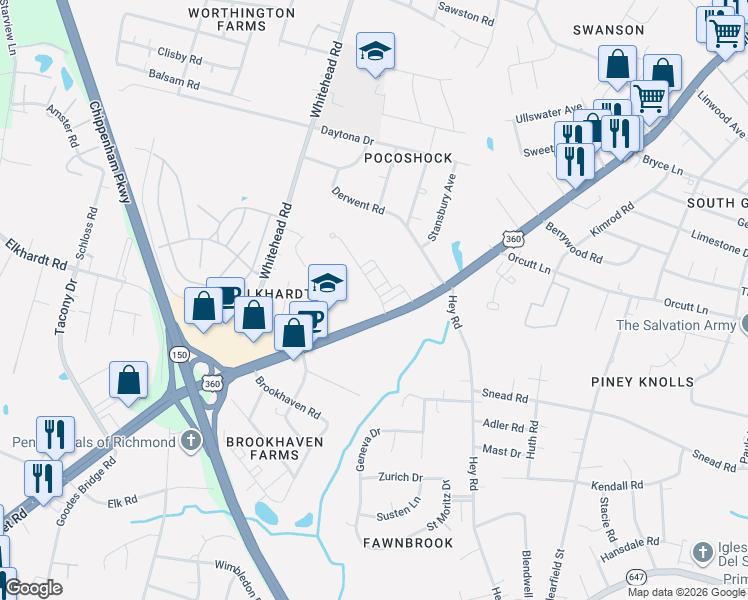 map of restaurants, bars, coffee shops, grocery stores, and more near 6039 Blue Iris Road in Richmond