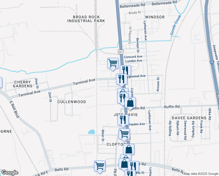 map of restaurants, bars, coffee shops, grocery stores, and more near 2618 Lochaven Boulevard in Richmond