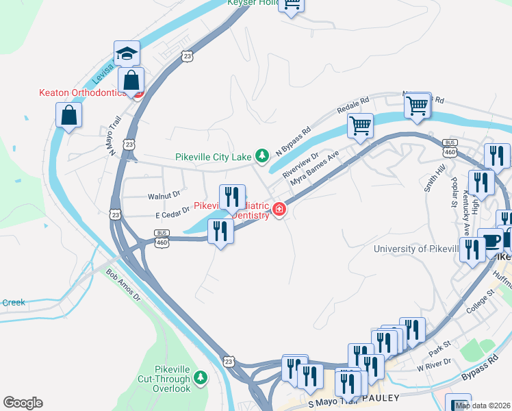 map of restaurants, bars, coffee shops, grocery stores, and more near 120-130 Williams Drive in Pikeville