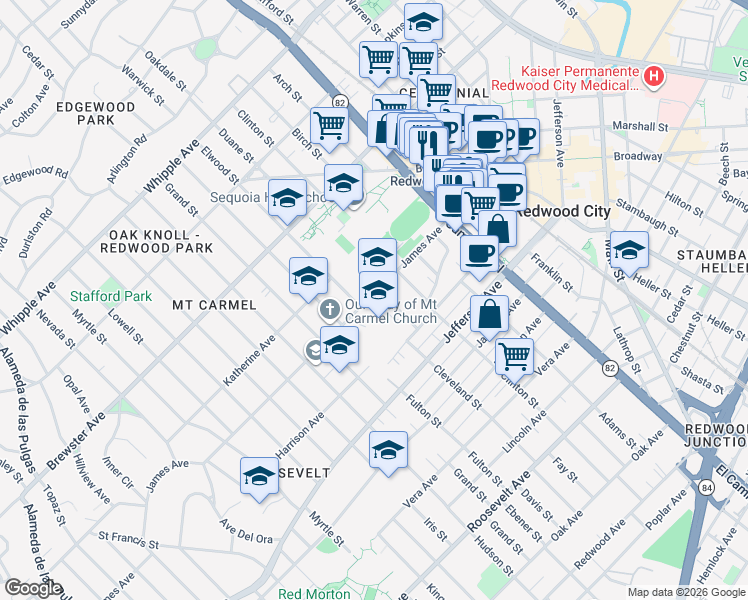 map of restaurants, bars, coffee shops, grocery stores, and more near 400 Duane Street in Redwood City