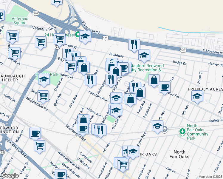 map of restaurants, bars, coffee shops, grocery stores, and more near 2790 Spring Street in Redwood City