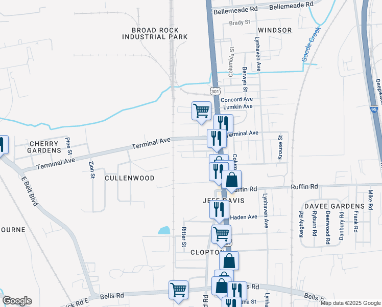 map of restaurants, bars, coffee shops, grocery stores, and more near 2700 Lochaven Boulevard in Richmond