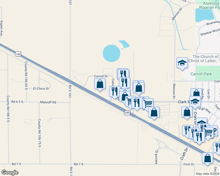 map of restaurants, bars, coffee shops, grocery stores, and more near 3415 Mariposa Street in Alamosa