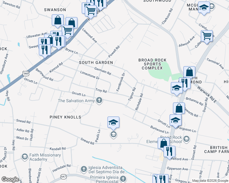 map of restaurants, bars, coffee shops, grocery stores, and more near 2346 Fernbrook Drive in Richmond