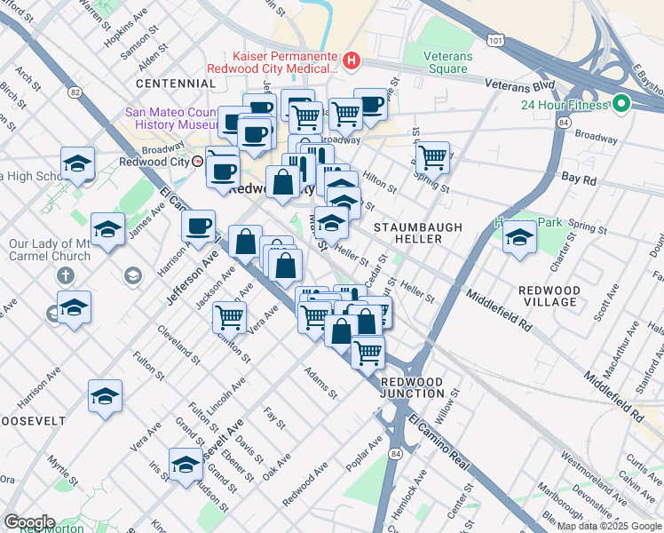 map of restaurants, bars, coffee shops, grocery stores, and more near 400 Heller Street in Redwood City