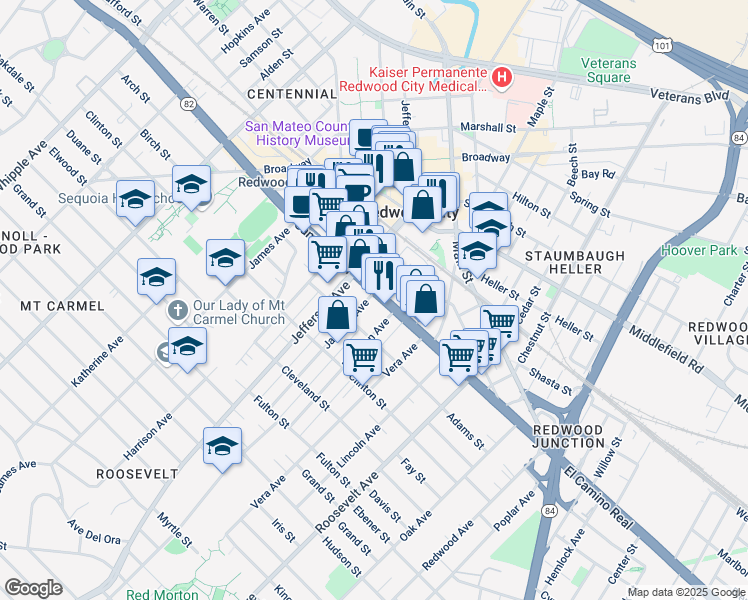 map of restaurants, bars, coffee shops, grocery stores, and more near in Redwood City