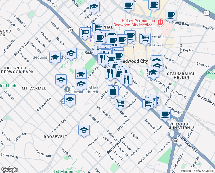 map of restaurants, bars, coffee shops, grocery stores, and more near 524 Adams Street in Redwood City