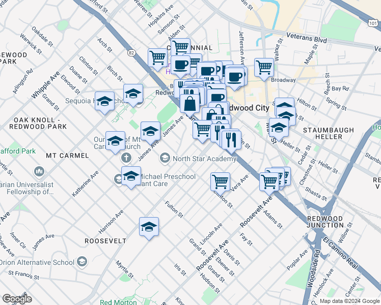 map of restaurants, bars, coffee shops, grocery stores, and more near 524 Adams Street in Redwood City