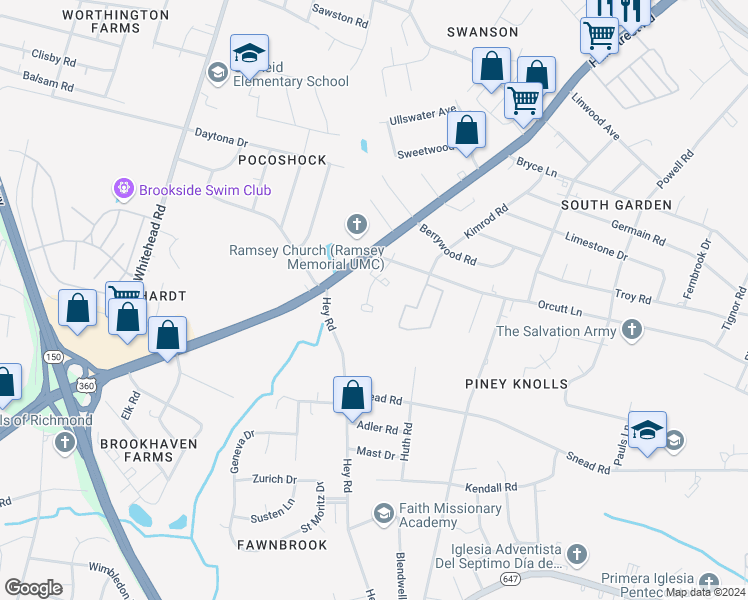 map of restaurants, bars, coffee shops, grocery stores, and more near 5845 Orcutt Lane in Richmond