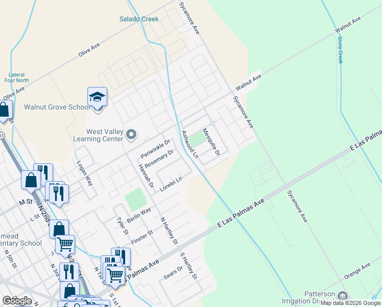 map of restaurants, bars, coffee shops, grocery stores, and more near 537 Ashwood Lane in Patterson