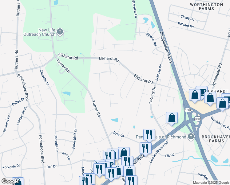 map of restaurants, bars, coffee shops, grocery stores, and more near 1813 Bellows Drive in Richmond