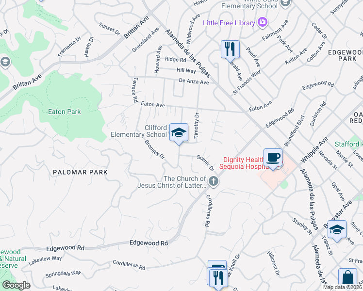 map of restaurants, bars, coffee shops, grocery stores, and more near 2853 Clifford Avenue in San Carlos