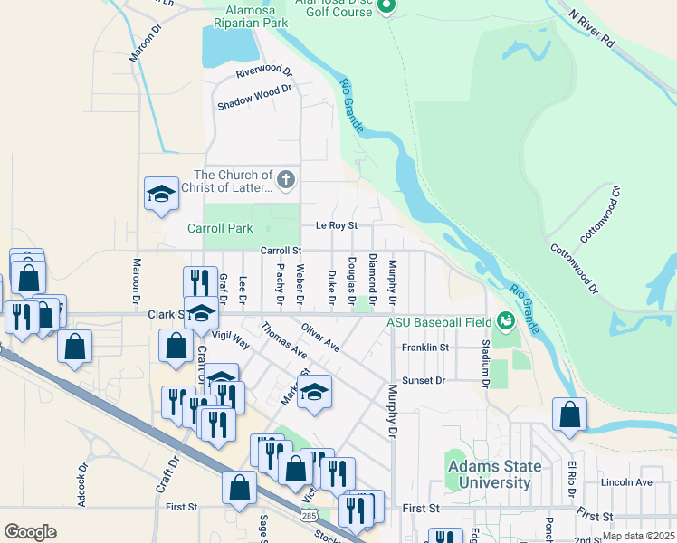 map of restaurants, bars, coffee shops, grocery stores, and more near 751 Duke Drive in Alamosa