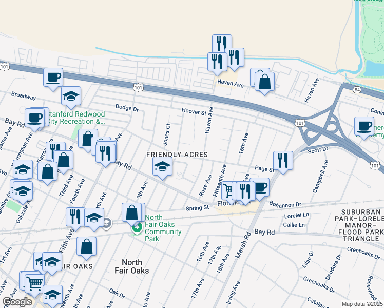 map of restaurants, bars, coffee shops, grocery stores, and more near 3449 Page Street in Redwood City