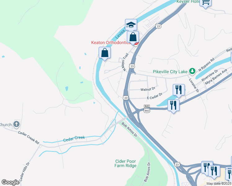 map of restaurants, bars, coffee shops, grocery stores, and more near 157 W Cedar Dr in Pikeville